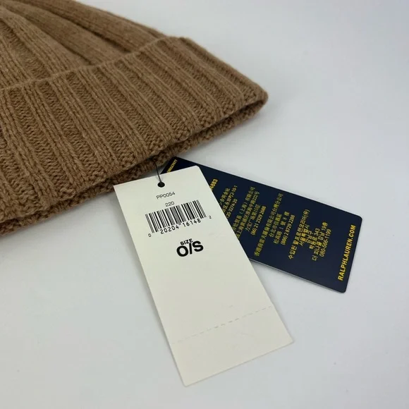 POLO RALPH LAUREN, LIGHT BROWN BEANIE, ONE SIZE FITS, 50% WOOL 50% NYLON, UNISEX - Picture 11 of 17